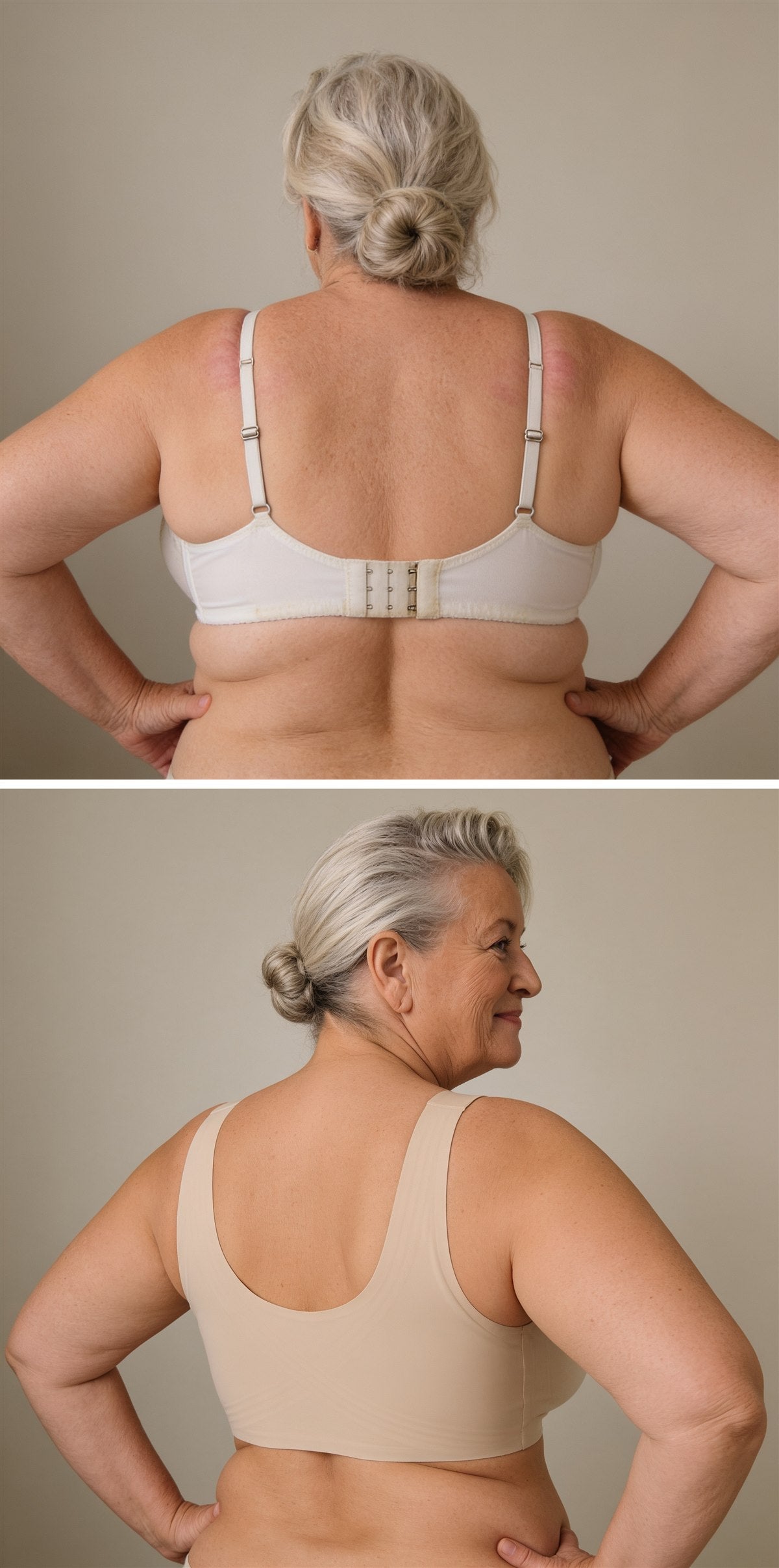 Avant / après : dos avec un soutien-gorge à armatures qui marque, puis avec la brassière NuaGel, dos lisse