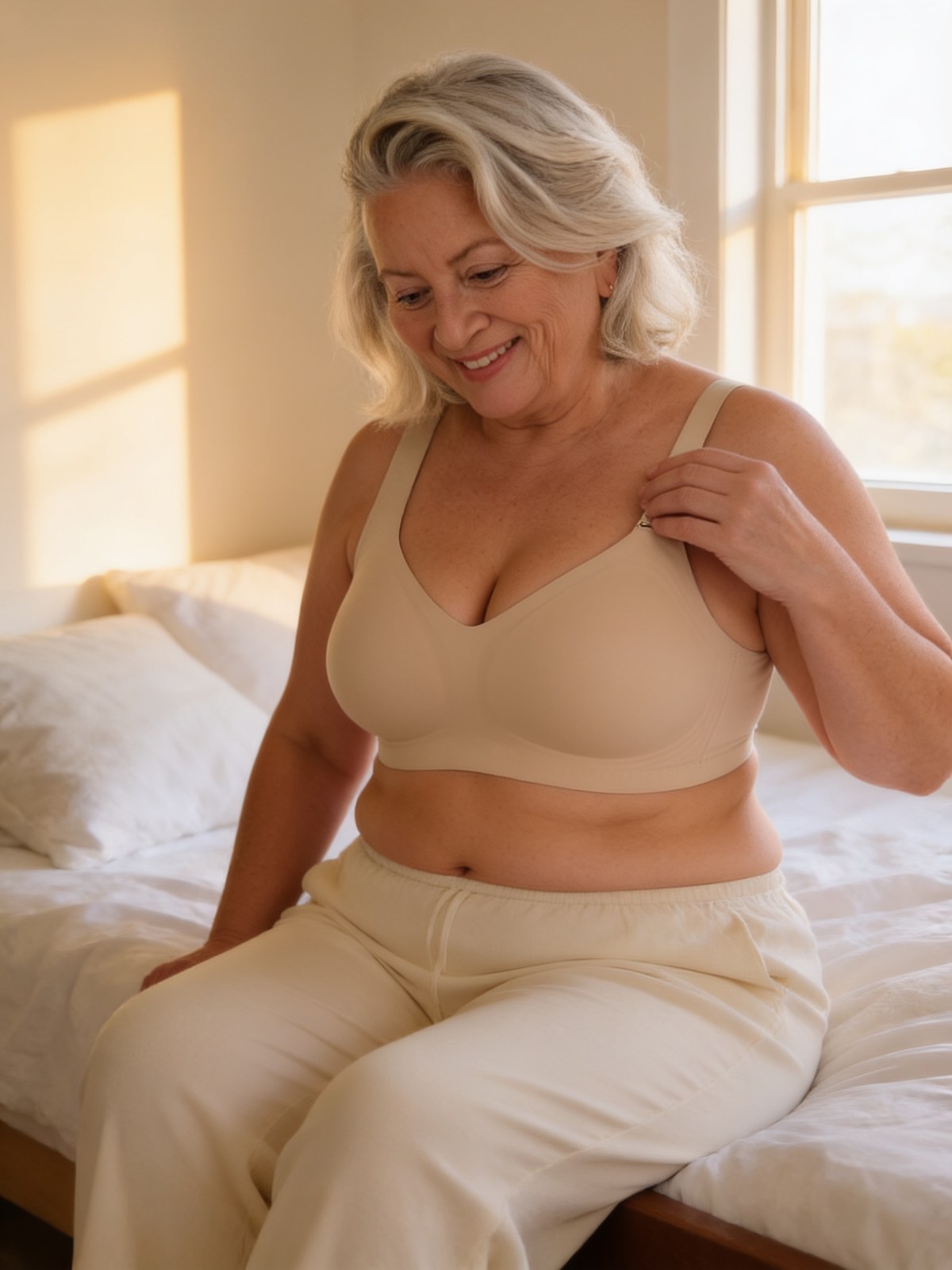 Femme de 60 ans assise au bord du lit le matin, portant la brassière NuaGel beige