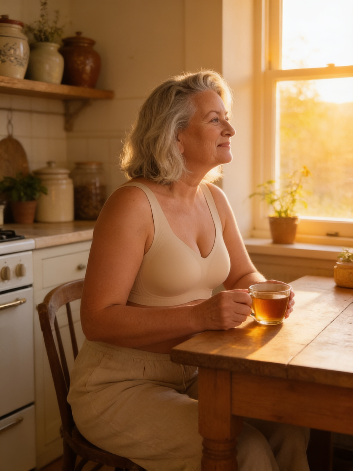 Femme de 60 ans dans sa cuisine le matin avec une tasse de thé Image