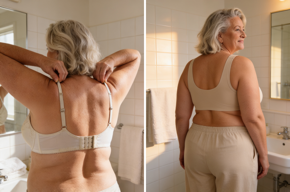 Avant : soutien-gorge à armature qu'on dégrafe. Après : brassière NuaGel, posture détendue Image
